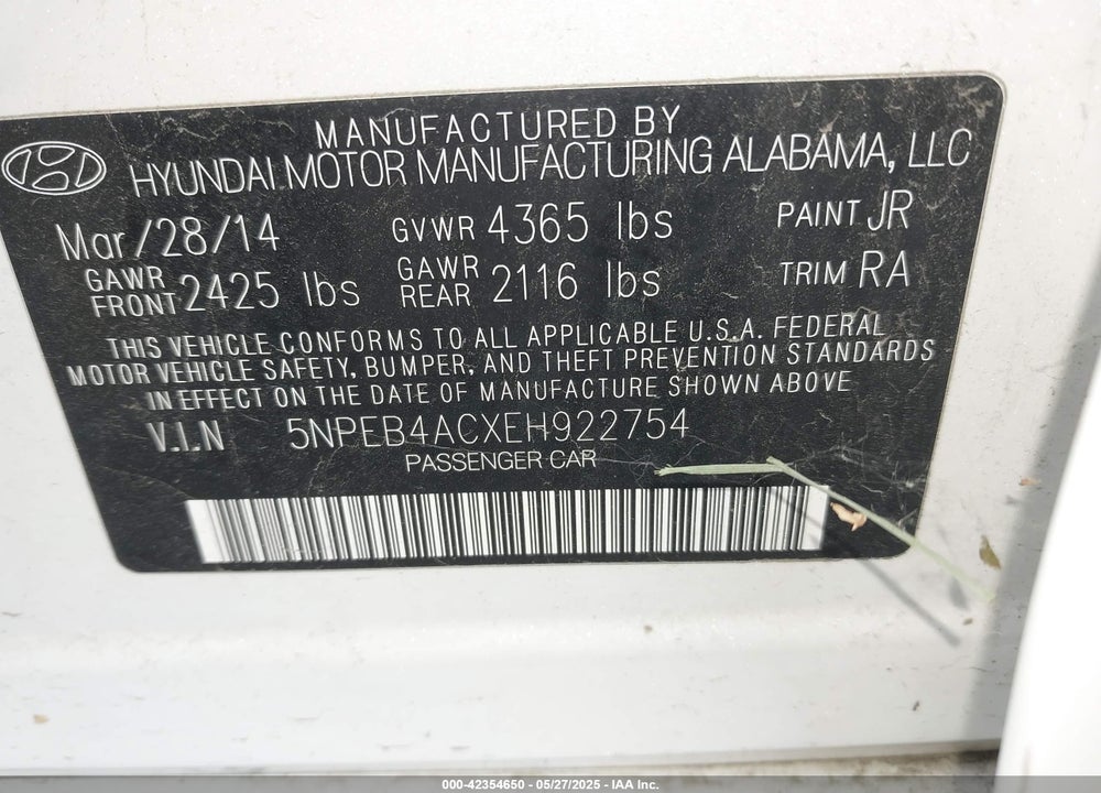 2014 HYUNDAI SONATA VIN: 5NPEB4ACXEH922754