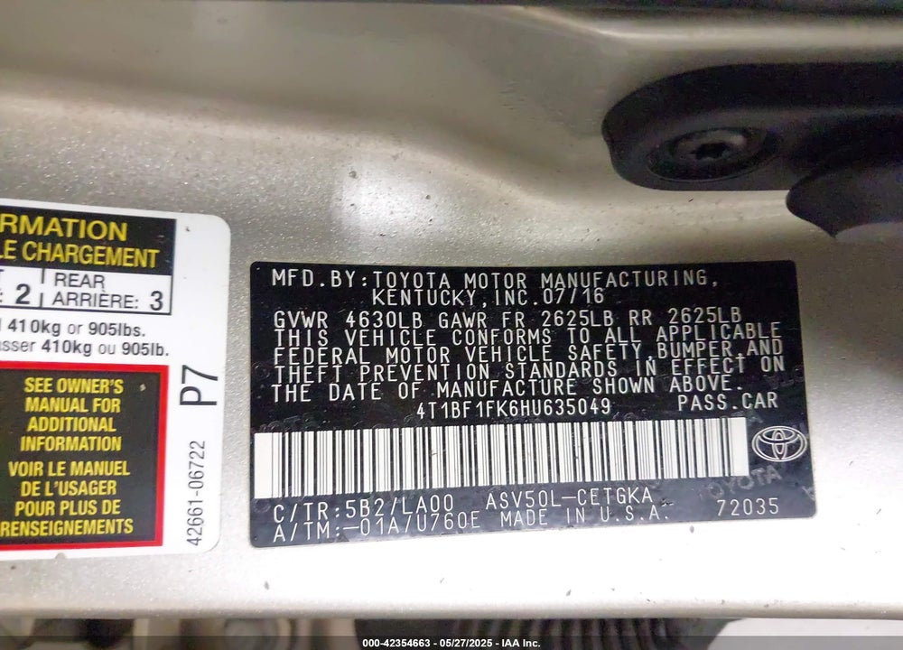 2017 TOYOTA CAMRY VIN: 4T1BF1FK6HU635049