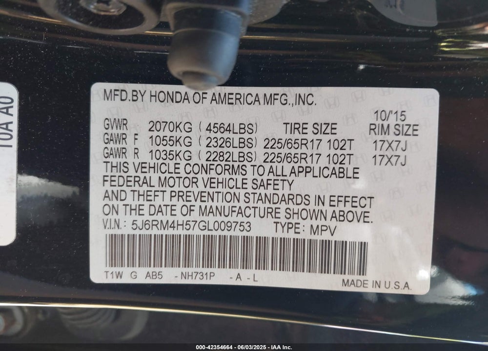 2016 HONDA CR-V EX VIN: 5J6RM4H57GL009753