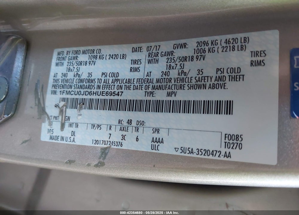 2017 FORD ESCAPE TITANIUM VIN: 1FMCU0JD6HUE69547