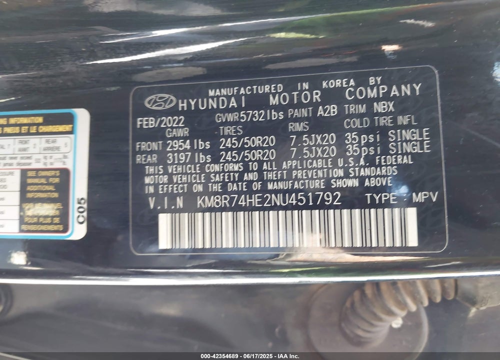 2022 HYUNDAI PALISADE VIN: KM8R74HE2NU451792