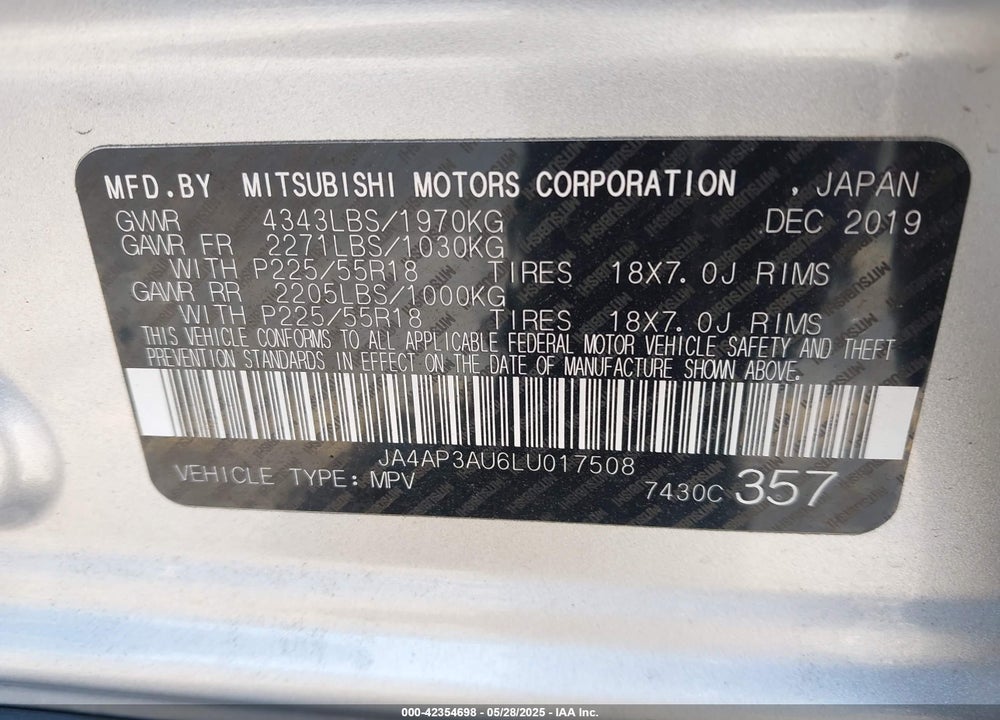 2020 MITSUBISHI OUTLANDER SPORT VIN: JA4AP3AU6LU017508