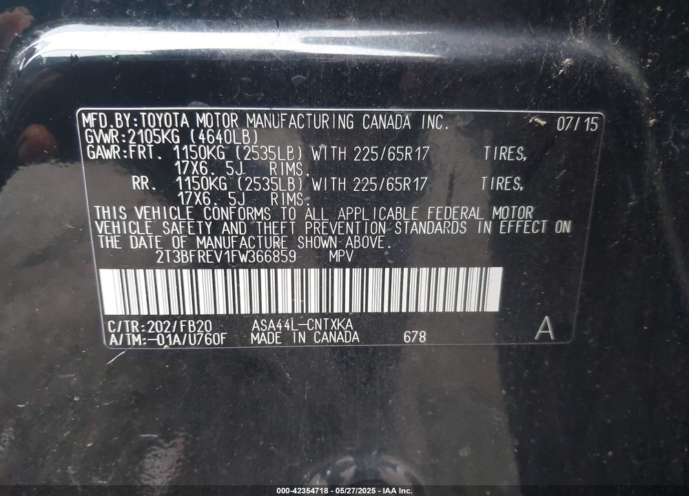 2015 TOYOTA RAV4 VIN: 2T3BFREV1FW366859