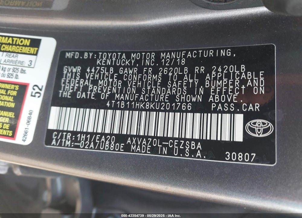 2019 TOYOTA CAMRY VIN: 4T1B11HK8KU201766