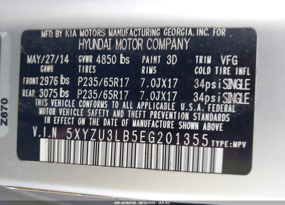 2014 HYUNDAI SANTA FE VIN: 5XYZU3LB5EG201355