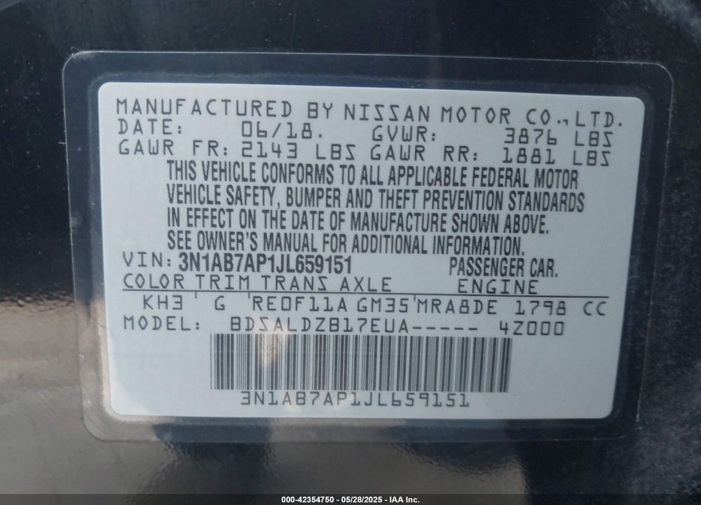 2018 NISSAN SENTRA VIN: 3N1AB7AP1JL659151