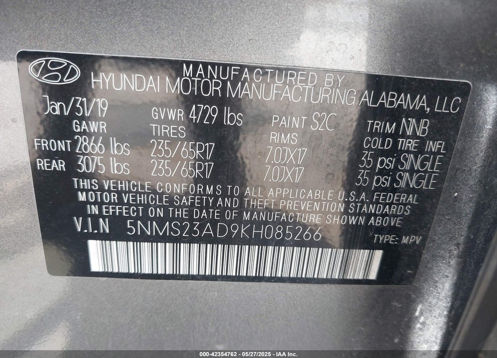2019 HYUNDAI SANTA FE VIN: 5NMS23AD9KH085266