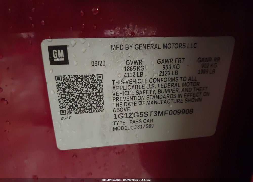 2021 CHEVROLET MALIBU RS VIN: 1G1ZG5ST3MF009908