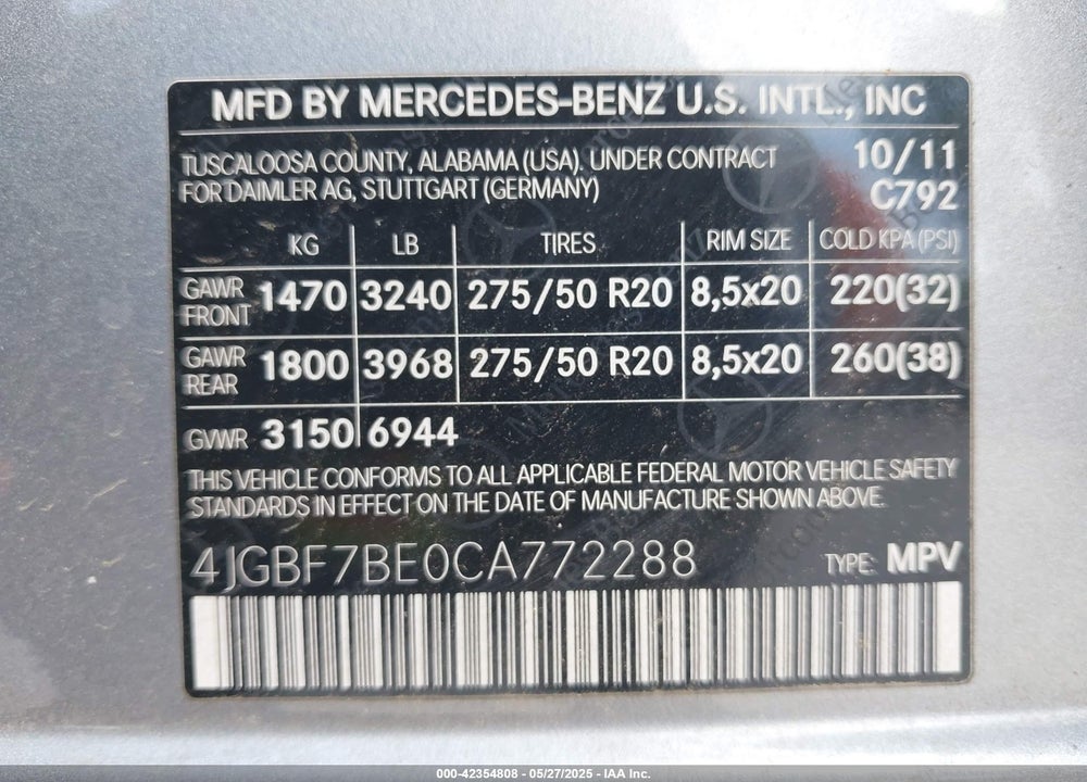 2012 MERCEDES-BENZ GL-CLASS VIN: 4JGBF7BE0CA772288