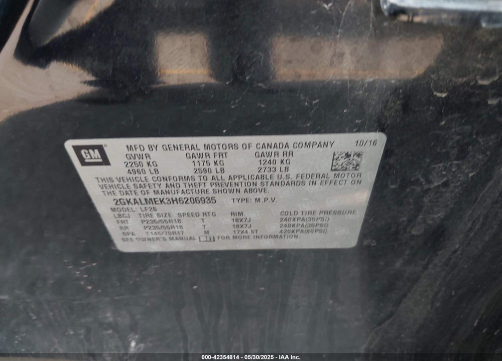 2017 GMC TERRAIN VIN: 2GKALMEK3H6206935