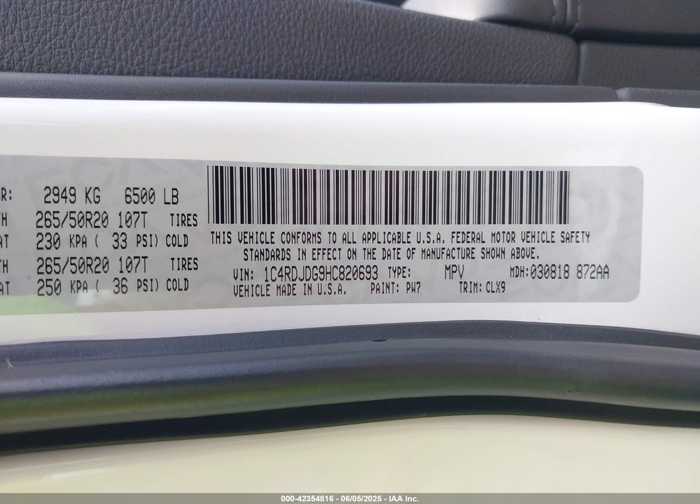 2017 DODGE DURANGO VIN: 1C4RDJDG9HC820693