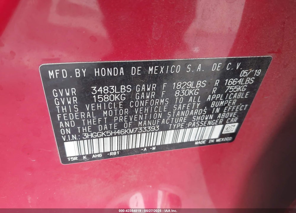2019 HONDA FIT LX VIN: 3HGGK5H46KM733393
