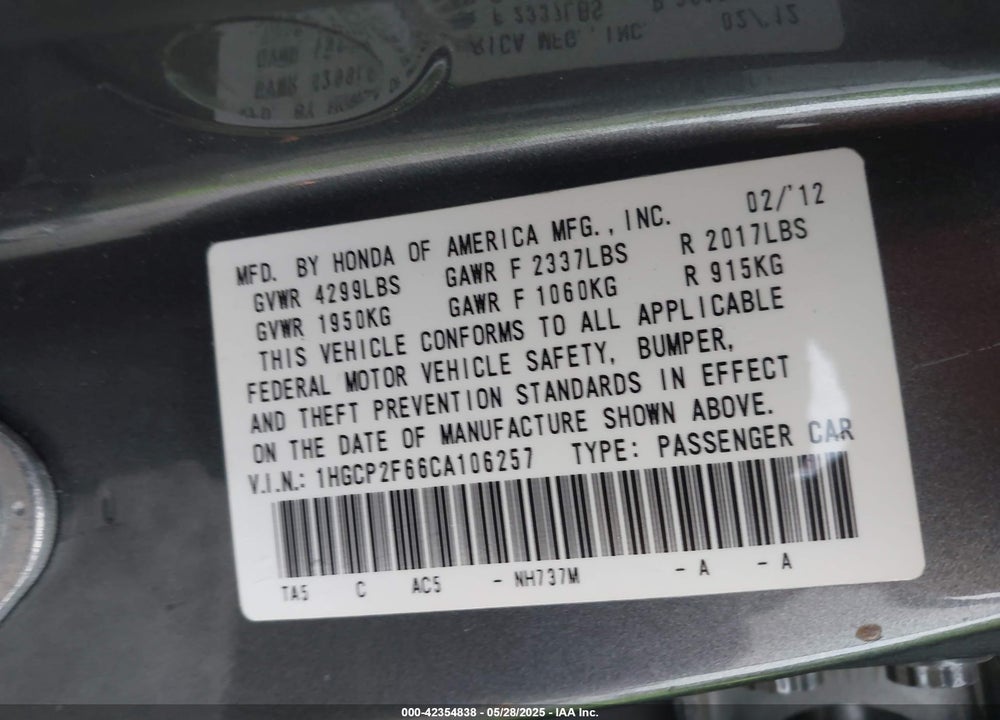 2012 HONDA ACCORD 2.4 SE VIN: 1HGCP2F66CA106257