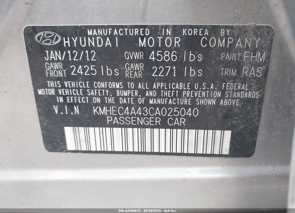 2012 HYUNDAI SONATA HYBRID VIN: KMHEC4A43CA025040