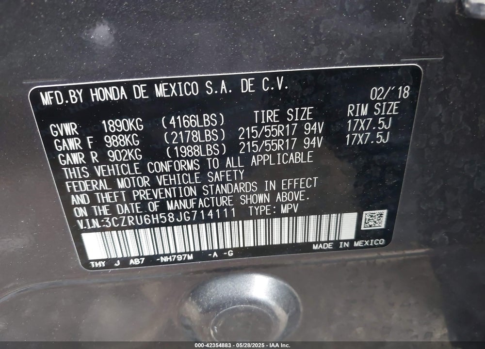 2018 HONDA HR-V VIN: 3CZRU6H58JG714111