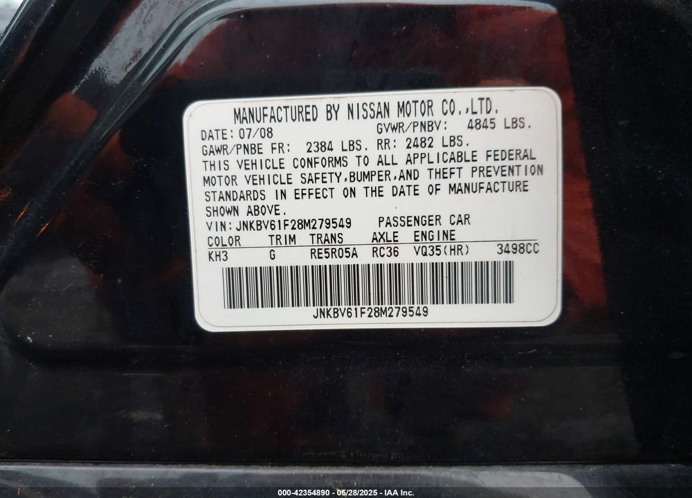 2008 INFINITI G35X VIN: JNKBV61F28M279549