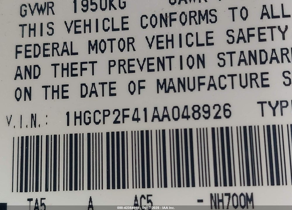 2010 HONDA ACCORD VIN: 1HGCP2F41AA048926