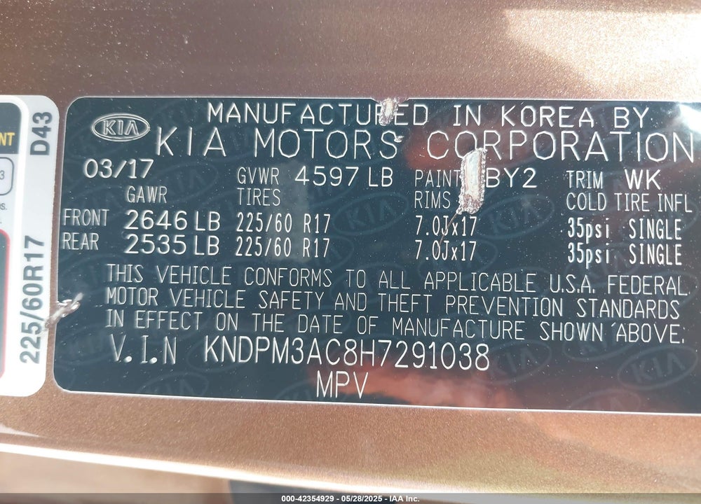 2017 KIA SPORTAGE LX VIN: KNDPM3AC8H7291038