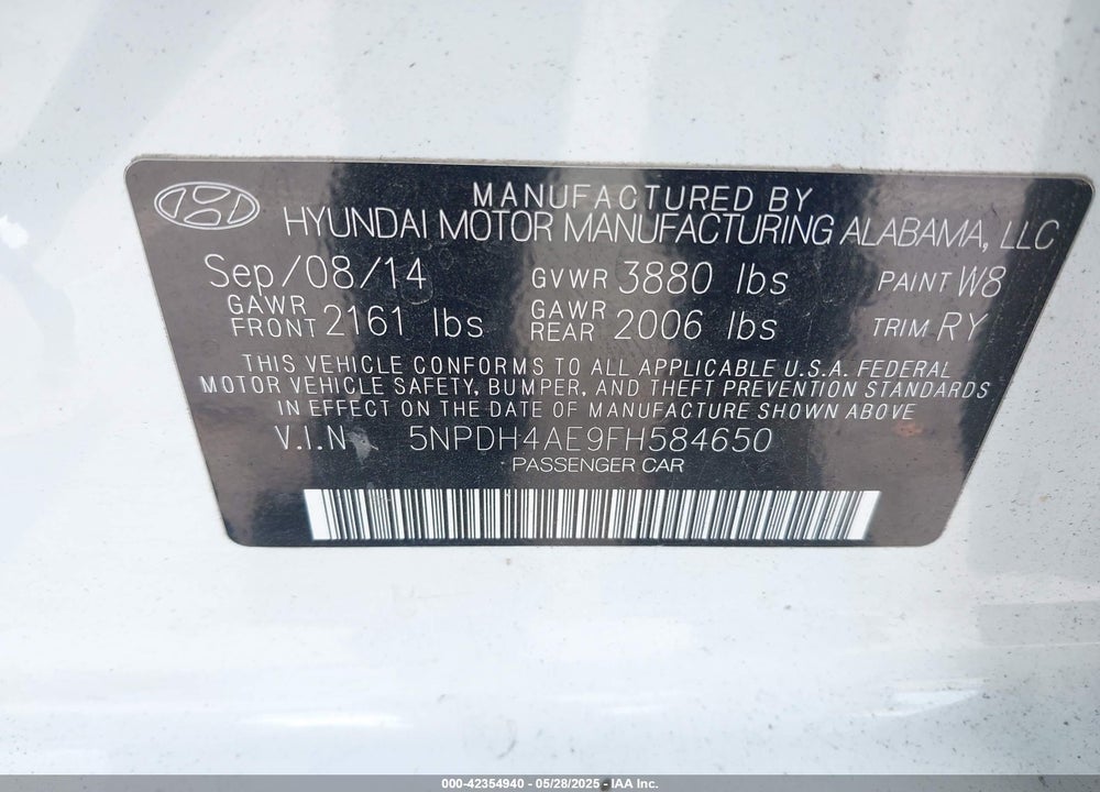 2015 HYUNDAI ELANTRA SE VIN: 5NPDH4AE9FH584650