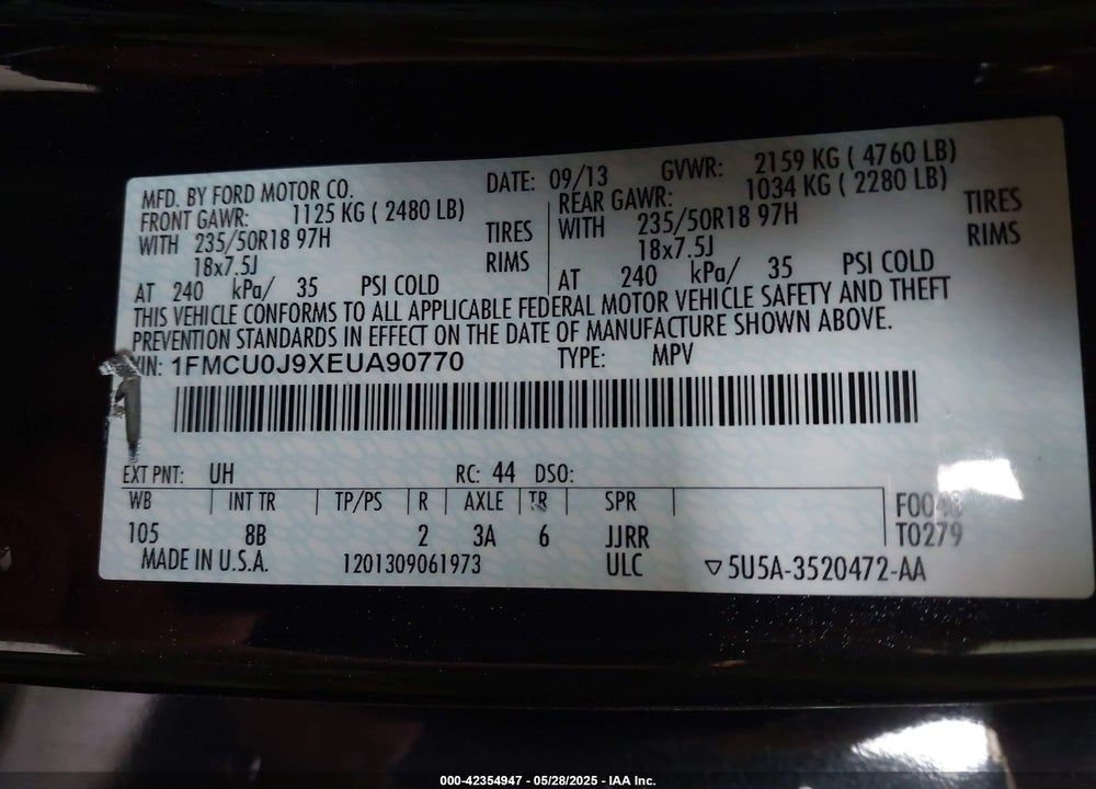 2014 FORD ESCAPE VIN: 1FMCU0J9XEUA90770