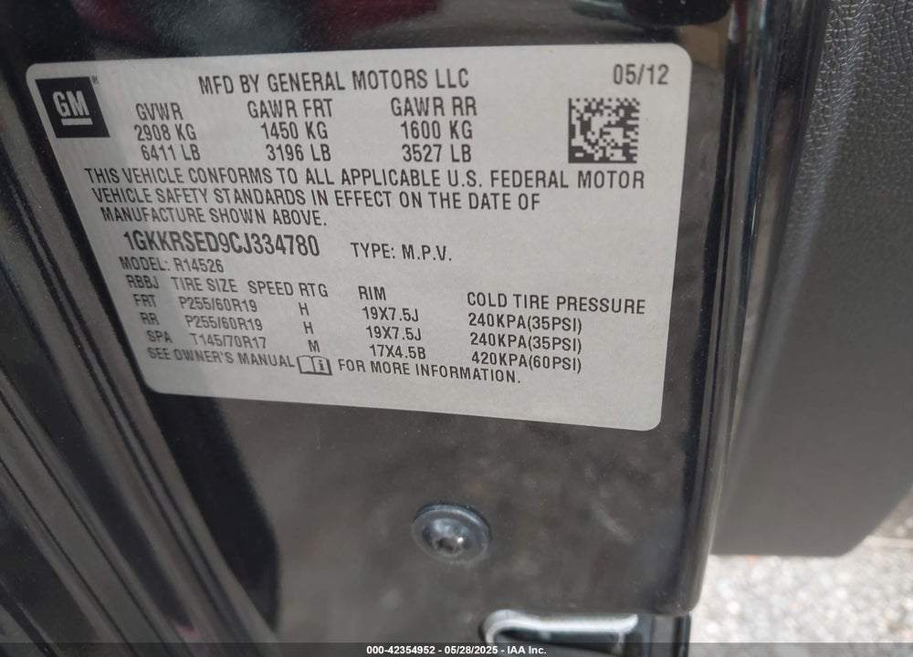 2012 GMC ACADIA SLT-2 VIN: 1GKKRSED9CJ334780