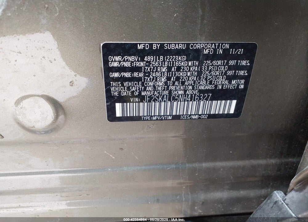 2022 SUBARU FORESTER WILDERNESS VIN: JF2SKALC5NH416327