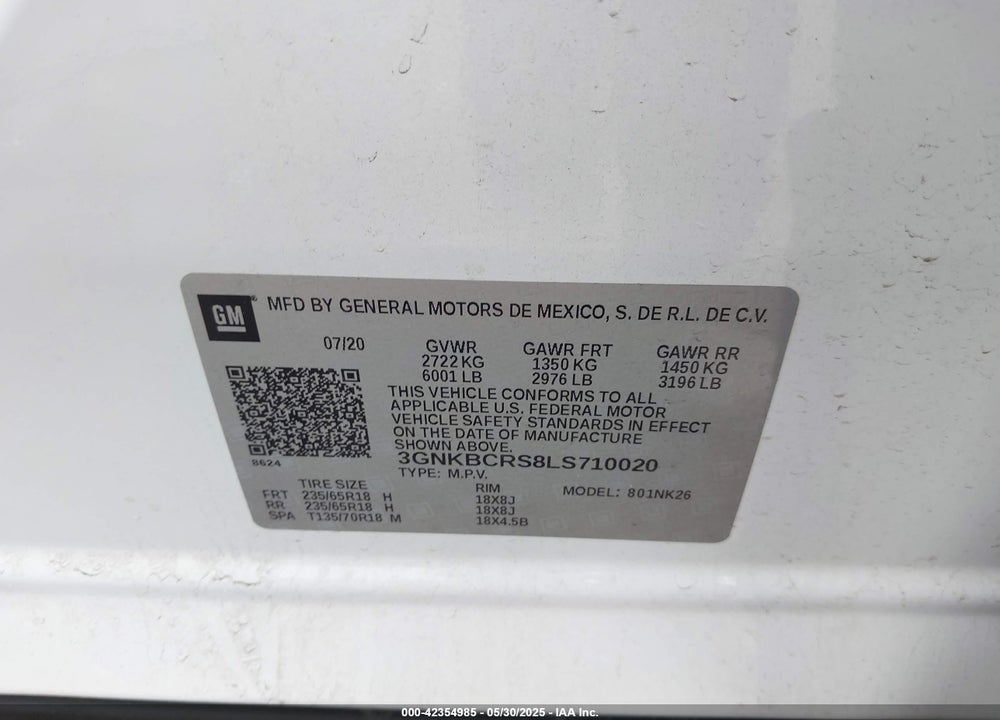 2020 CHEVROLET BLAZER FWD 2LT VIN: 3GNKBCRS8LS710020