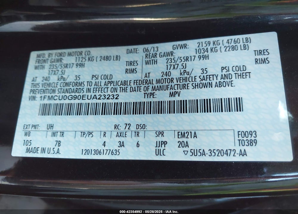 2014 FORD ESCAPE VIN: 1FMCU0G90EUA23232