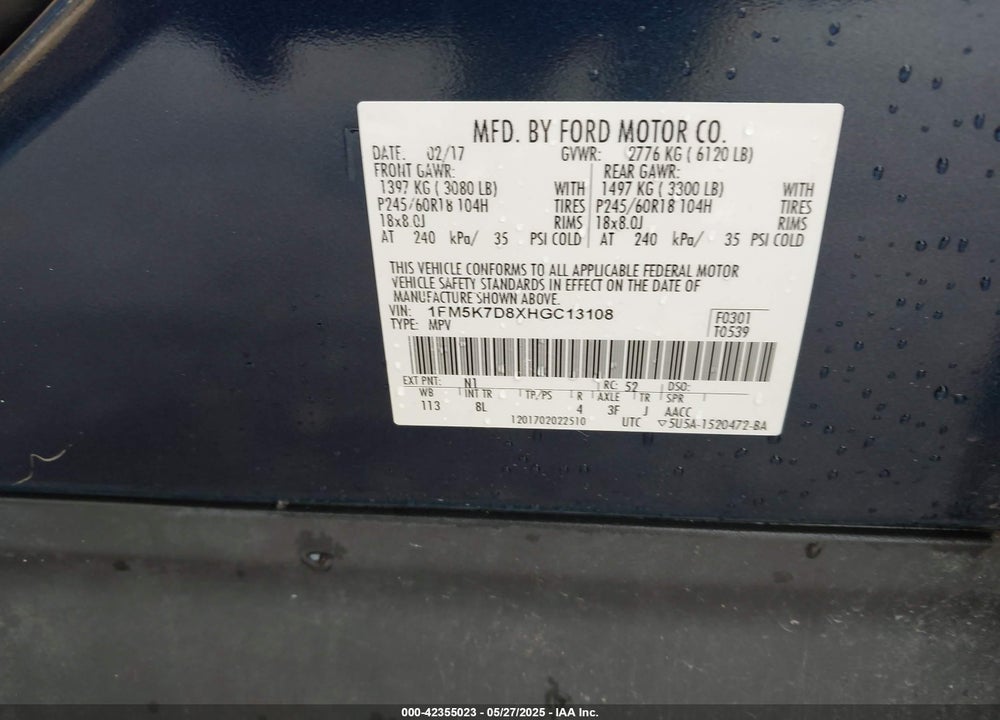 2017 FORD EXPLORER VIN: 1FM5K7D8XHGC13108