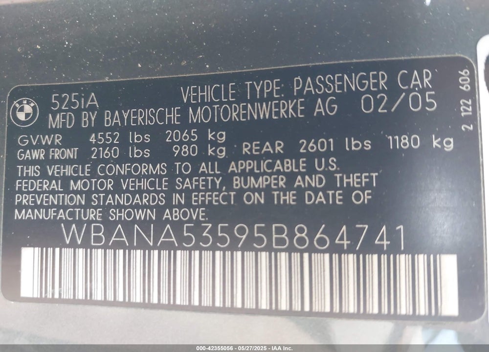 2005 BMW 525I VIN: WBANA53595B864741
