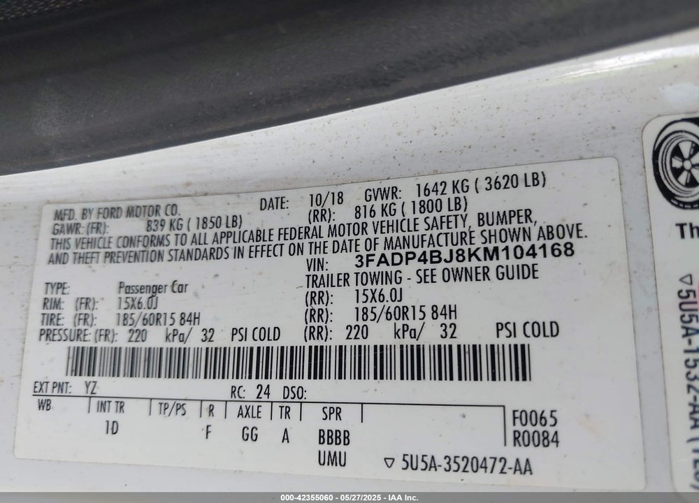 2019 FORD FIESTA VIN: 3FADP4BJ8KM104168