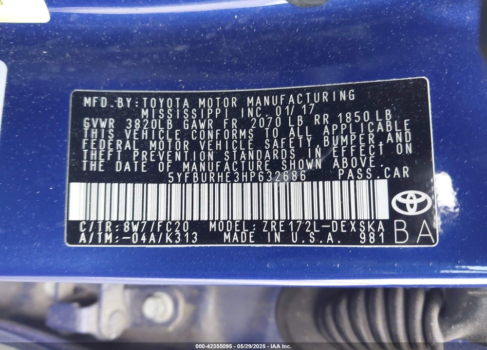 2017 TOYOTA COROLLA VIN: 5YFBURHE3HP632686