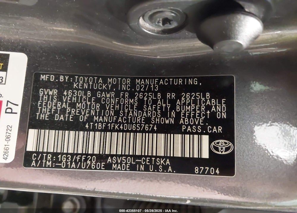 2013 TOYOTA CAMRY VIN: 4T1BF1FK4DU657674