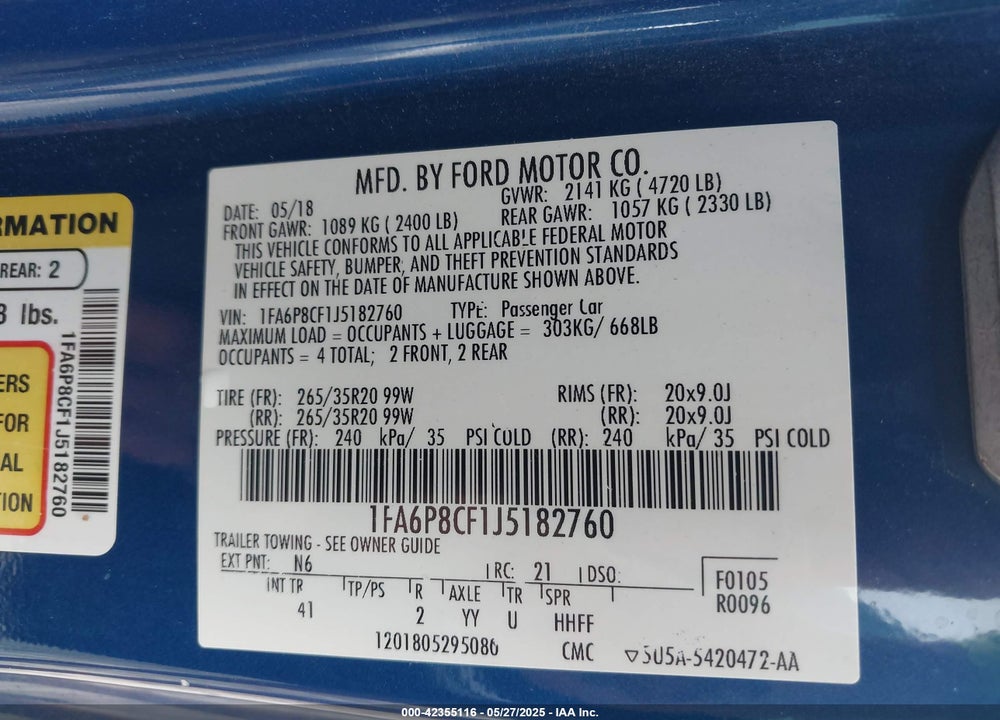 2018 FORD MUSTANG VIN: 1FA6P8CF1J5182760