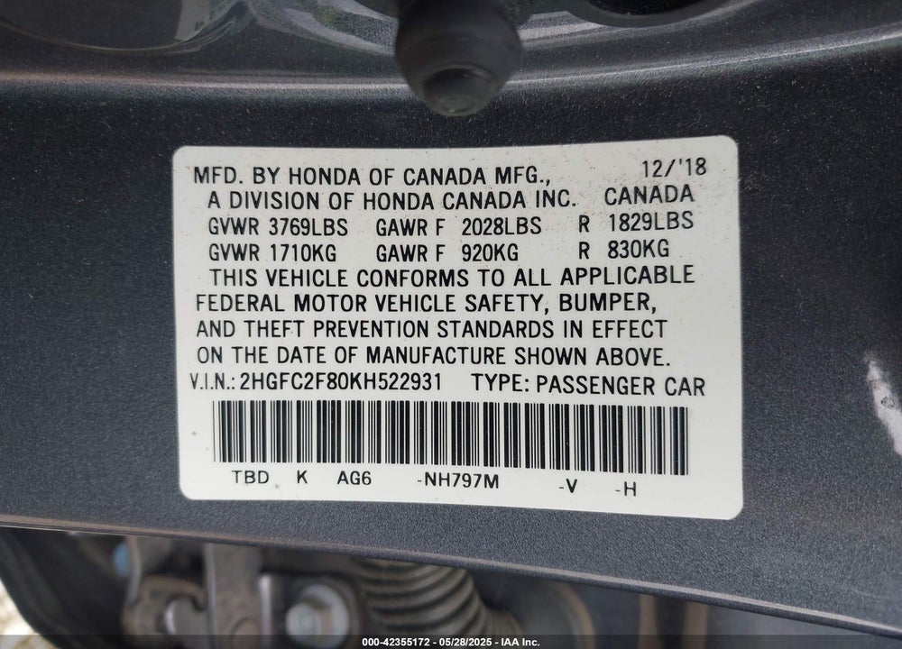 2019 HONDA CIVIC SPORT VIN: 2HGFC2F80KH522931