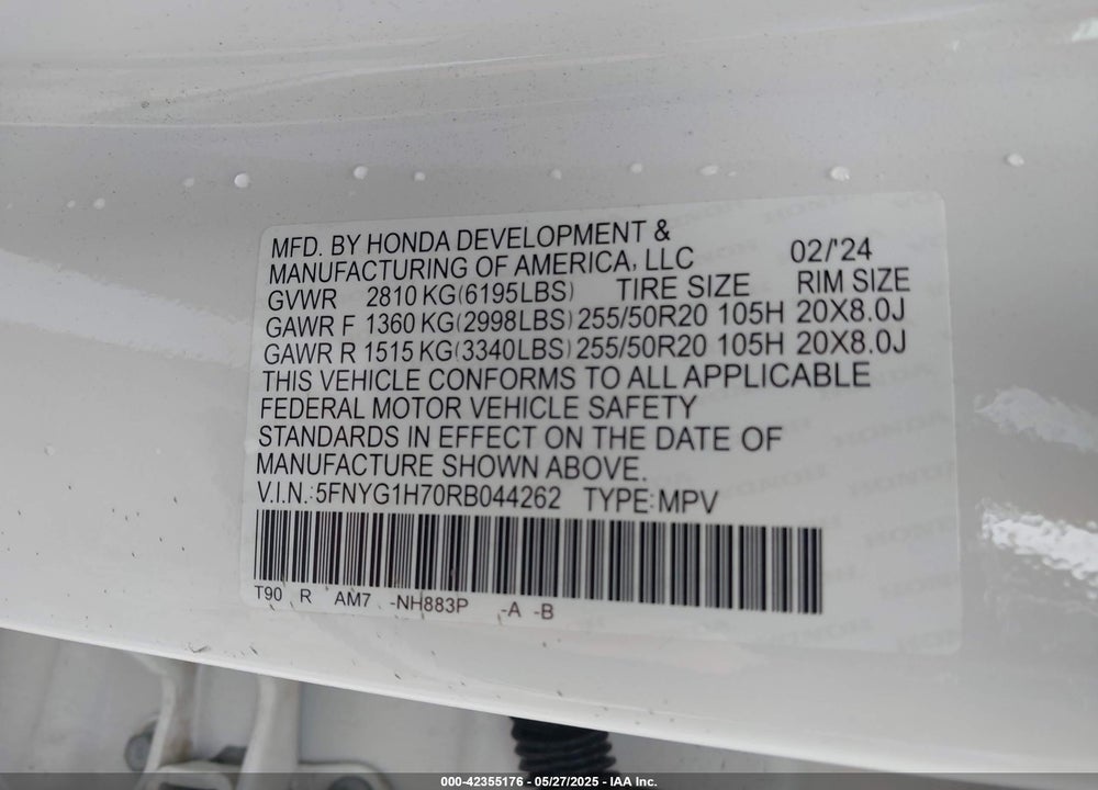 2024 HONDA PILOT VIN: 5FNYG1H70RB044262