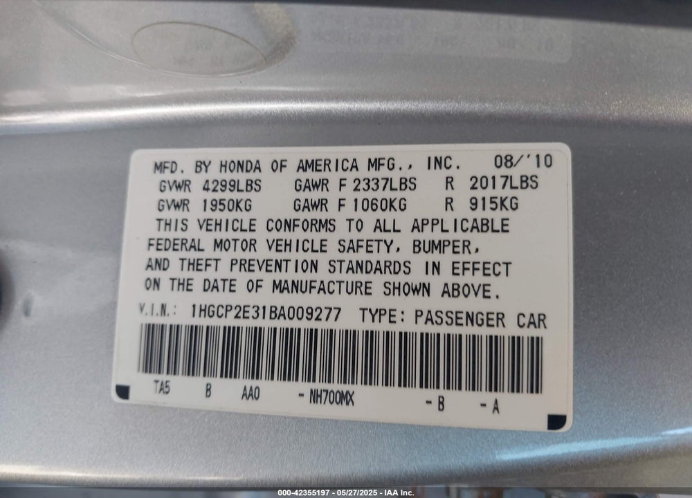 2011 HONDA ACCORD 2.4 LX VIN: 1HGCP2E31BA009277