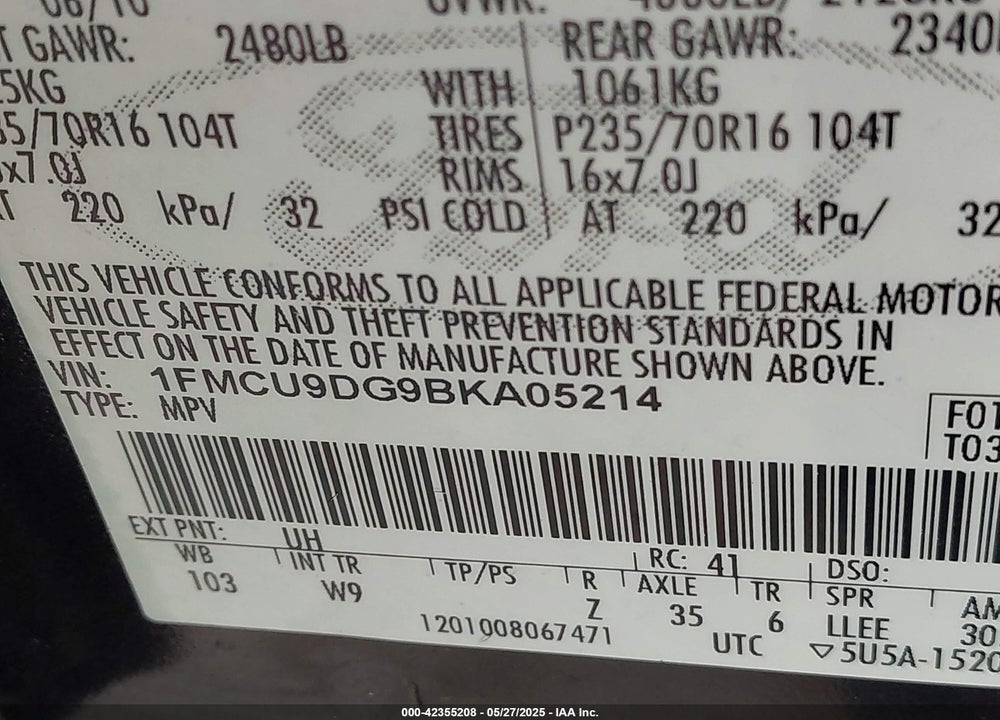 2011 FORD ESCAPE VIN: 1FMCU9DG9BKA05214