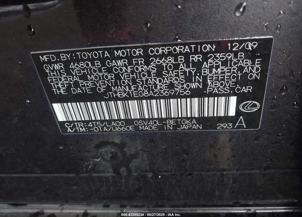 2010 LEXUS ES350 VIN: JTHBK1EG8A2369756