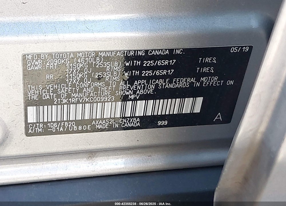 2019 TOYOTA RAV4 LE VIN: 2T3K1RFV7KC009923