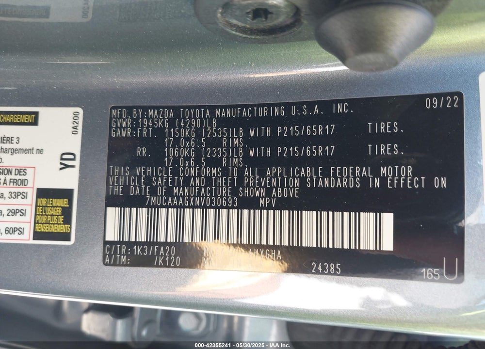 2022 TOYOTA COROLLA CROSS LE VIN: 7MUCAAAGXNV030693
