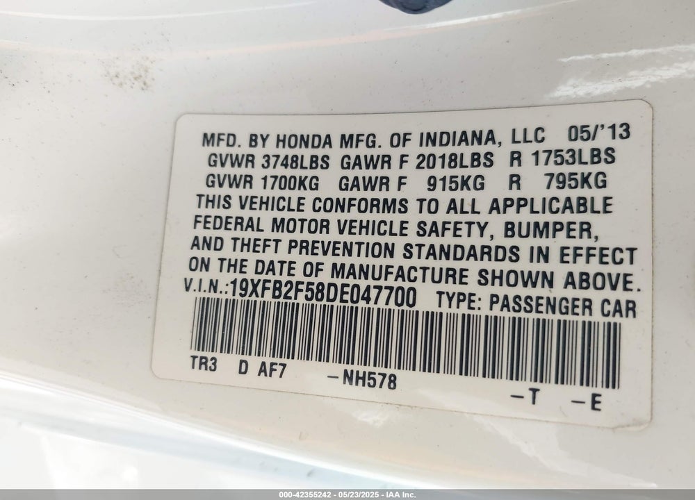 2013 HONDA CIVIC VIN: 19XFB2F58DE047700