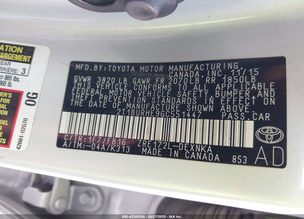 2016 TOYOTA COROLLA VIN: 2T1BURHE9GC551447