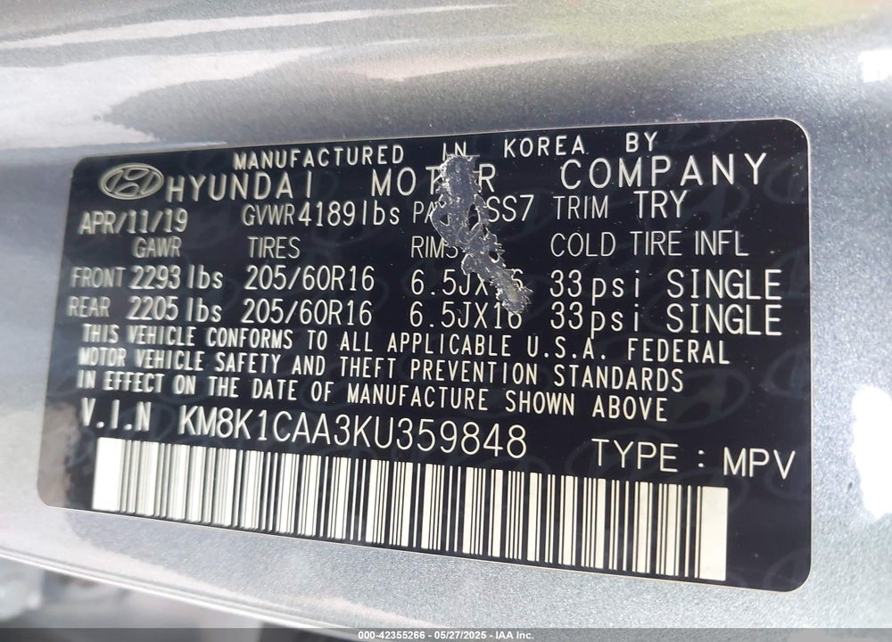 2019 HYUNDAI KONA VIN: KM8K1CAA3KU359848
