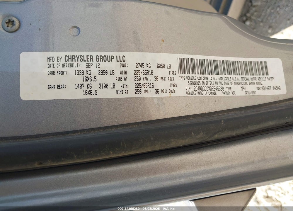 2013 DODGE GRAND CARAVAN SXT VIN: 2C4RDGCGXDR545390