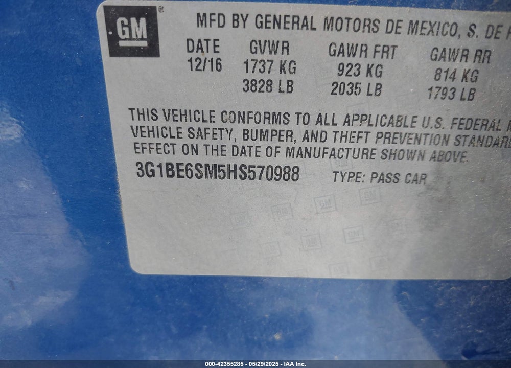 2017 CHEVROLET CRUZE VIN: 3G1BE6SM5HS570988