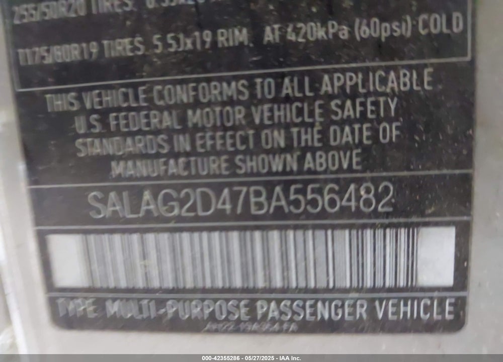 2011 LAND ROVER LR4 VIN: SALAG2D47BA556482