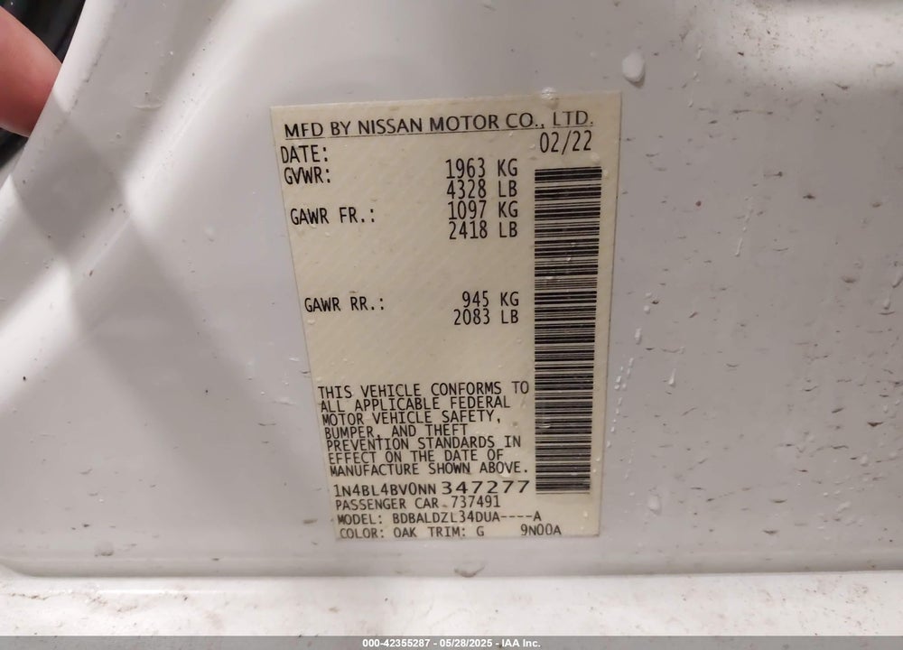 2022 NISSAN ALTIMA VIN: 1N4BL4BV0NN347277