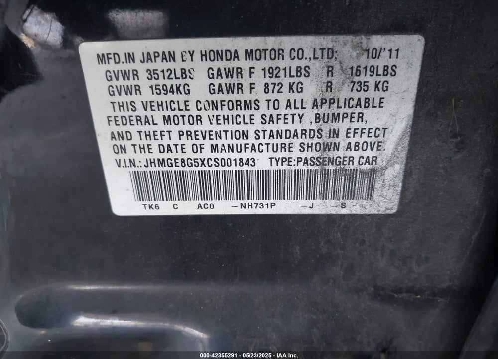 2012 HONDA FIT SPORT VIN: JHMGE8G5XCS001843