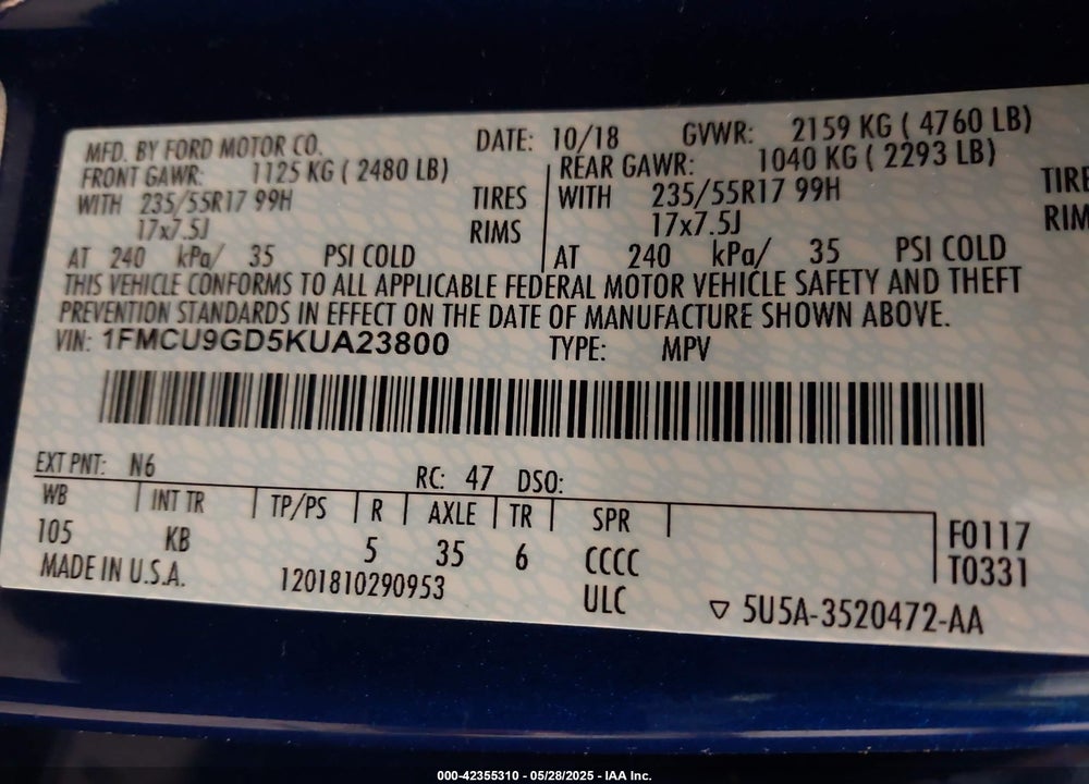 2019 FORD ESCAPE VIN: 1FMCU9GD5KUA23800